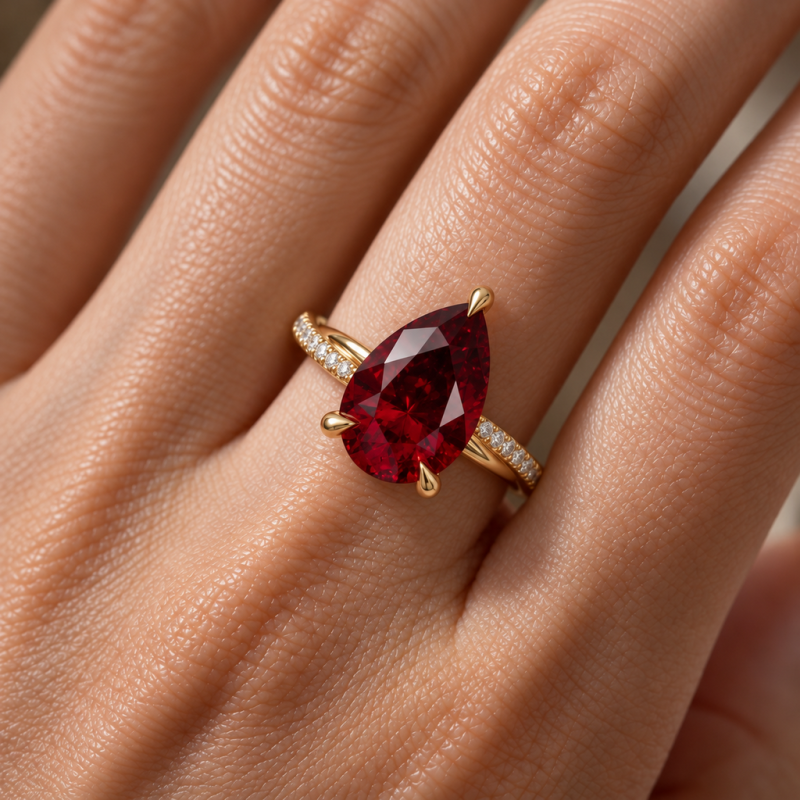 Pear Cut Lab Grown Ruby Hidden Halo Twisted Pave Engagement Ring  - Image 5
