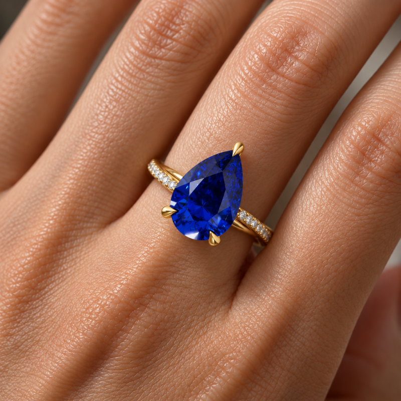 Pear Cut Lab Grown Sapphire Hidden Halo Twisted Pave Engagement Ring  - Image 5