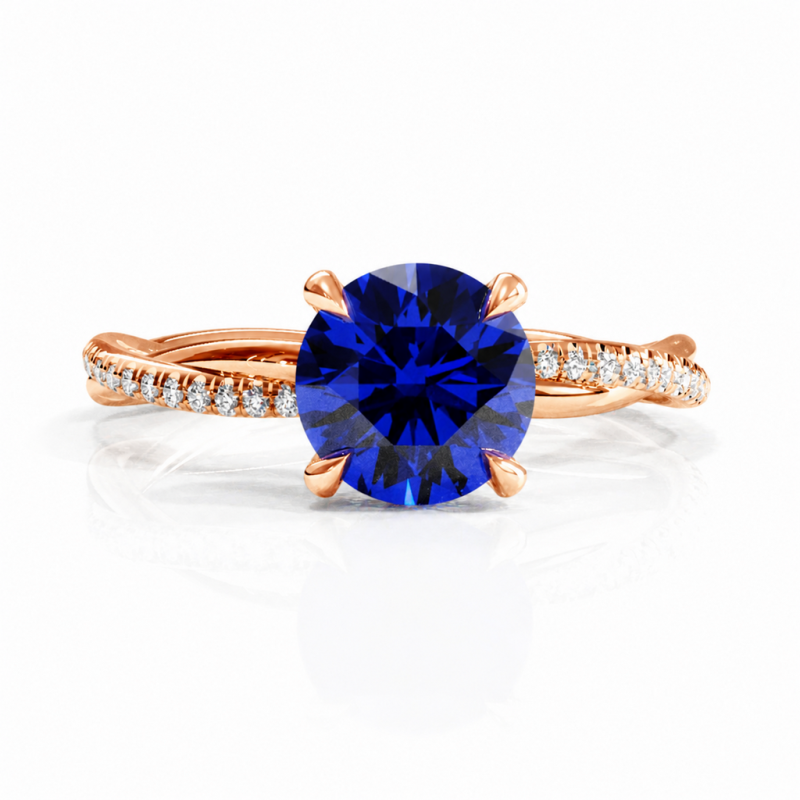 Round Cut Lab Grown Sapphire Hidden Halo Twisted Pave Engagement Ring  - Image 2