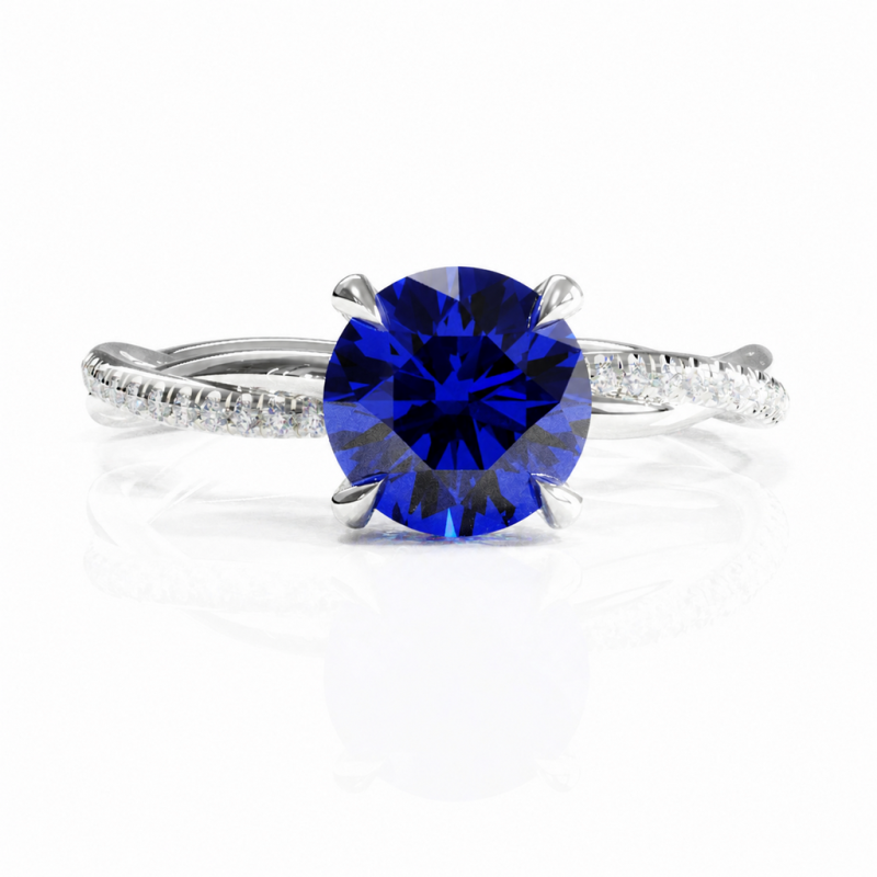 Round Cut Lab Grown Sapphire Hidden Halo Twisted Pave Engagement Ring  - Image 3