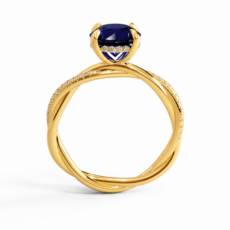 Round Cut Lab Grown Sapphire Hidden Halo Twisted Pave Engagement Ring  - Image 4