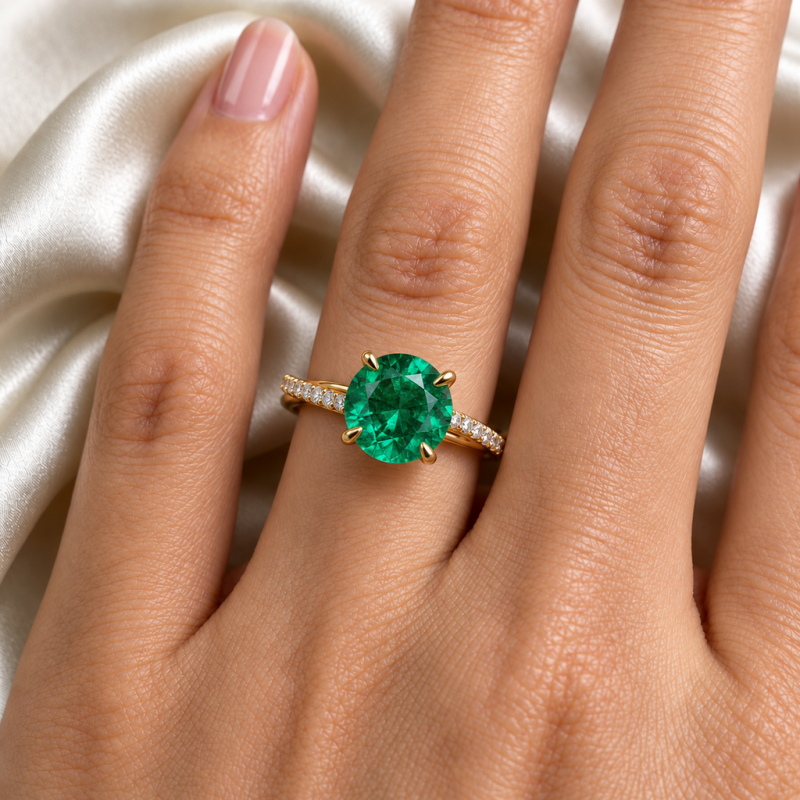 Round Cut Lab Grown Emerald Hidden Halo Twisted Pave Engagement Ring  - Image 5