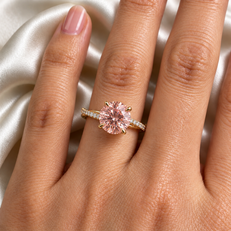 Round Cut Lab Grown Morganite Hidden Halo Twisted Pave Engagement Ring  - Image 5