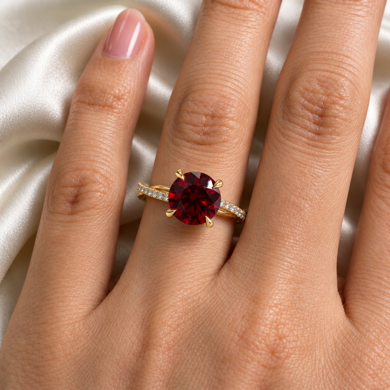 Round Cut Lab Grown Ruby Hidden Halo Twisted Pave Engagement Ring  - Image 5