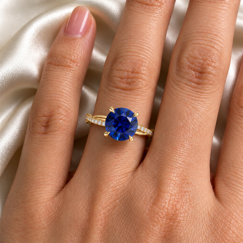 Round Cut Lab Grown Sapphire Hidden Halo Twisted Pave Engagement Ring  - Image 5