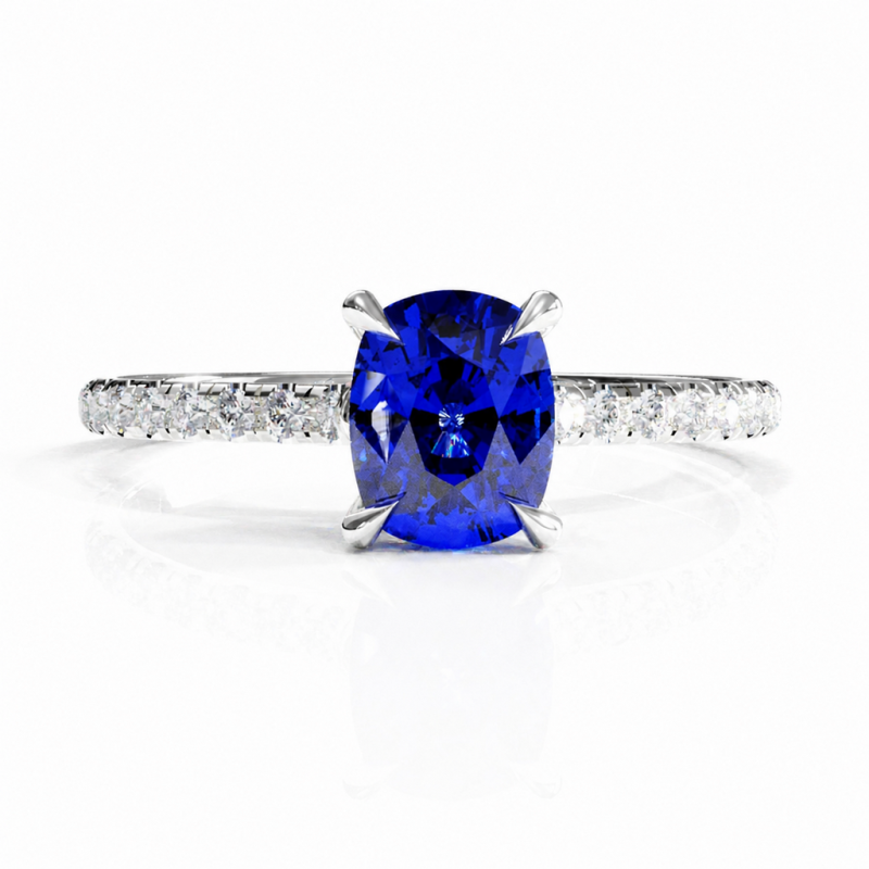 Elongated Cushion Cut Lab Grown Sapphire Hidden Halo Pave Engagement Ring  - Image 3