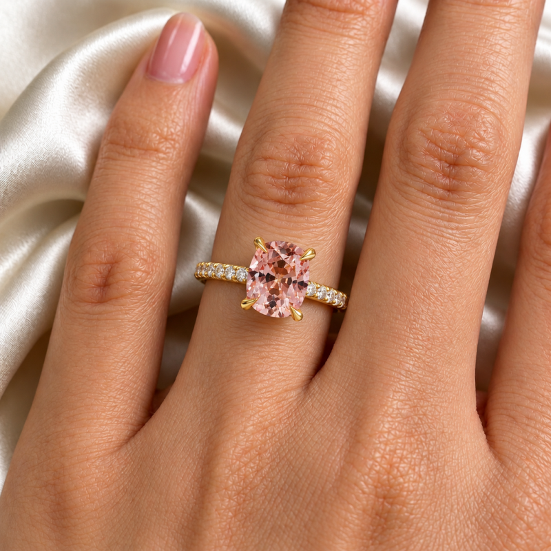 Elongated Cushion Cut Lab Grown Morganite Hidden Halo Pave Engagement Ring  - Image 5