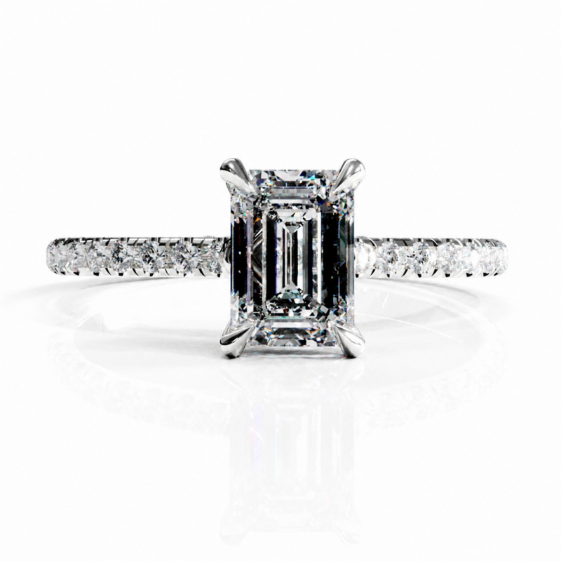 Emerald Cut Moissanite Hidden Halo Pave Engagement Ring  - Image 3