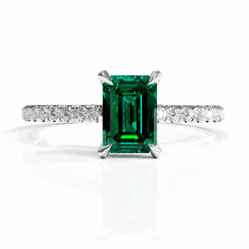 Emerald Cut Lab Grown Emerald Hidden Halo Pave Engagement Ring  - Image 3