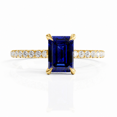 Emerald Cut Lab Grown Sapphire Hidden Halo Pave Engagement Ring 