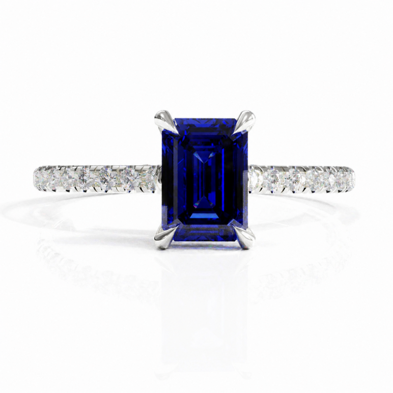 Emerald Cut Lab Grown Sapphire Hidden Halo Pave Engagement Ring  - Image 3