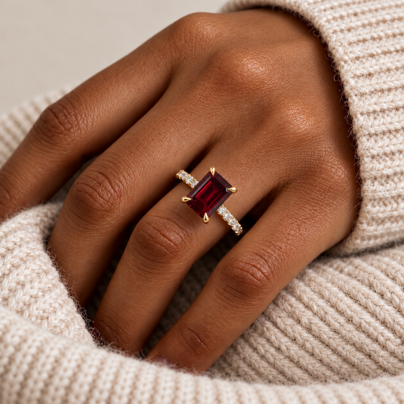 Emerald Cut Lab Grown Ruby Hidden Halo Pave Engagement Ring  - Image 5