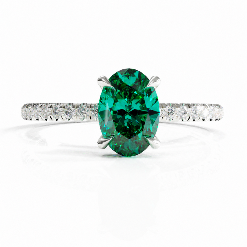 Oval Cut Lab Grown Emerald Hidden Halo Pave Engagement Ring  - Image 3