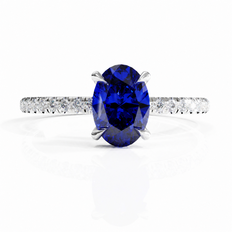 Oval Cut Lab Grown Sapphire Hidden Halo Pave Engagement Ring  - Image 3