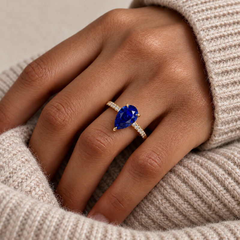 Pear Cut Lab Grown Sapphire Hidden Halo Pave Engagement Ring  - Image 5