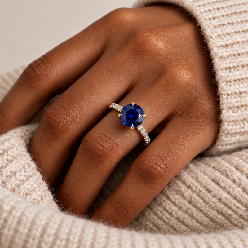 Round Cut Lab Grown Sapphire Hidden Halo Pave Engagement Ring  - Image 5