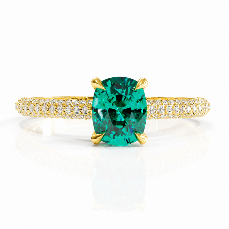 Elongated Cushion Cut Lab Grown Emerald Hidden Halo Pave Engagement Ring - Image 1