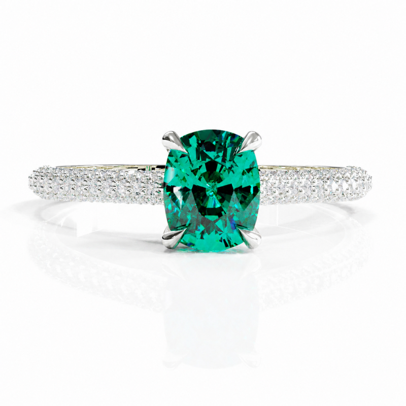 Elongated Cushion Cut Lab Grown Emerald Hidden Halo Pave Engagement Ring - Image 3