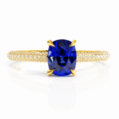 Elongated Cushion Cut Lab Grown Sapphire Hidden Halo Pave  Engagement Ring