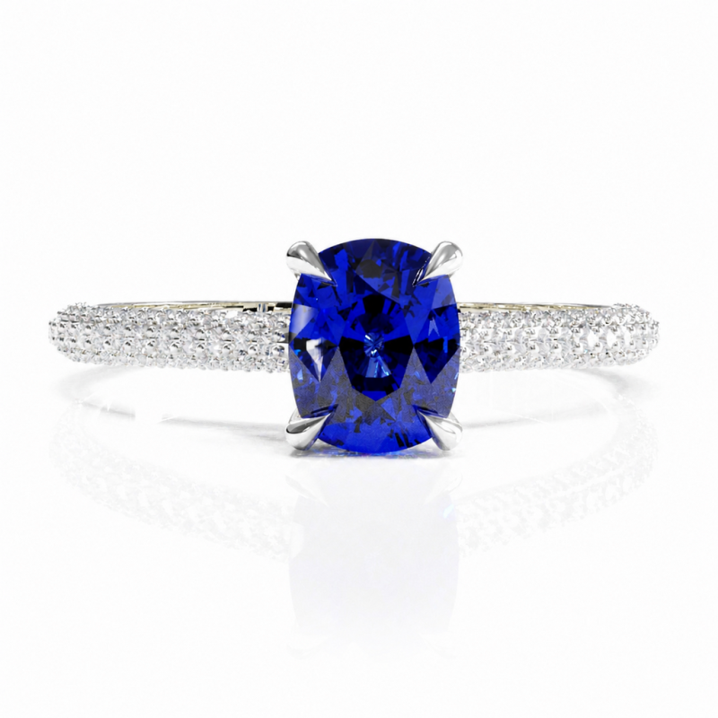 Elongated Cushion Cut Lab Grown Sapphire Hidden Halo Pave  Engagement Ring - Image 3