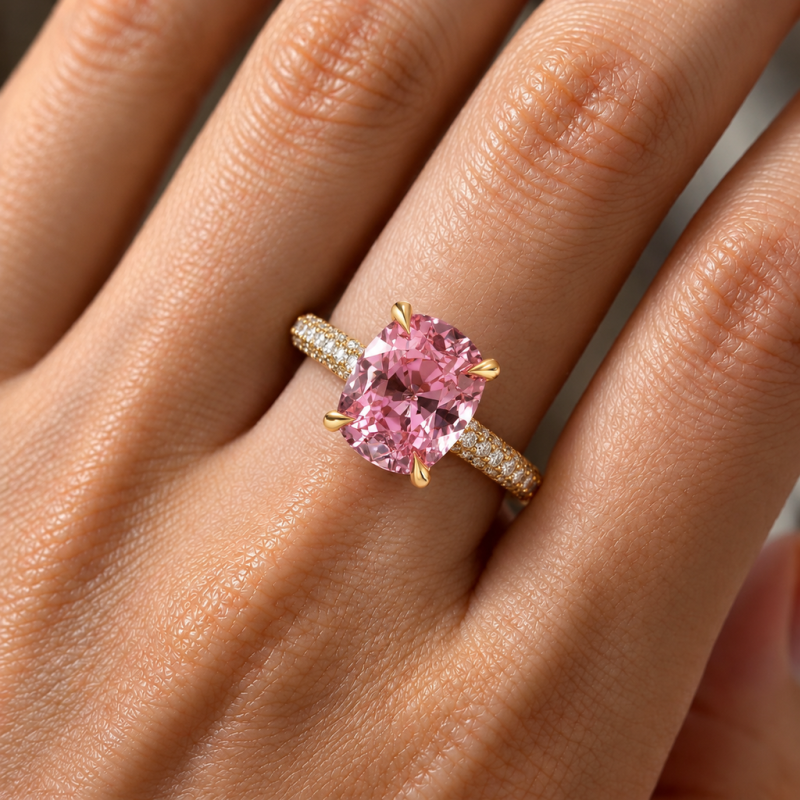 Elongated Cushion Cut Lab Grown Morganite Hidden Halo Pave Engagement Ring - Image 5