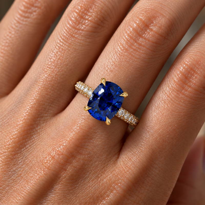 Elongated Cushion Cut Lab Grown Sapphire Hidden Halo Pave  Engagement Ring - Image 5