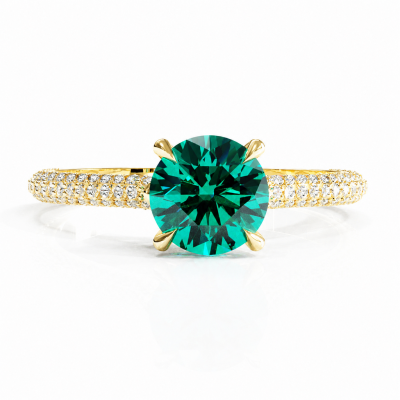 Round Cut Lab Grown Emerald Hidden Halo Pave Engagement Ring