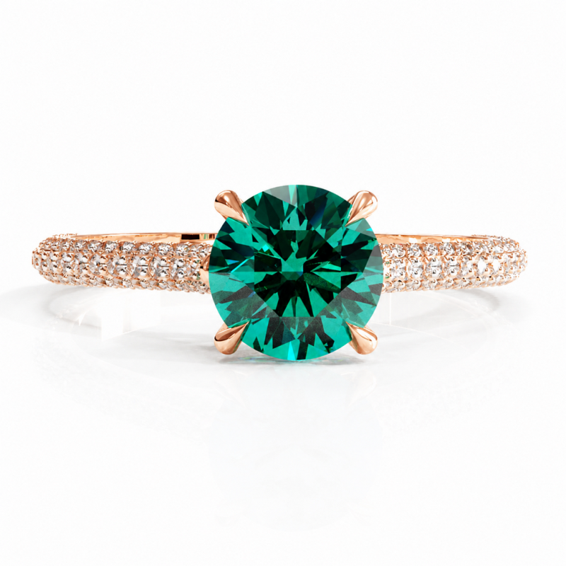 Round Cut Lab Grown Emerald Hidden Halo Pave Engagement Ring - Image 2