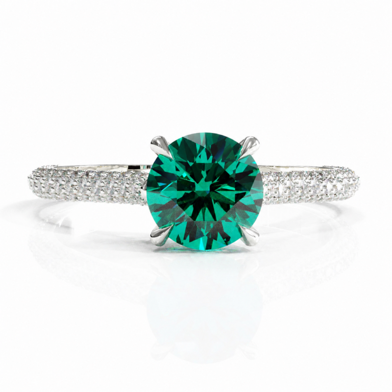 Round Cut Lab Grown Emerald Hidden Halo Pave Engagement Ring - Image 3