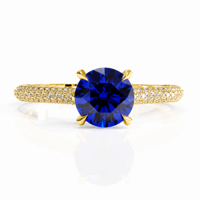 Round Cut Lab Grown Sapphire Hidden Halo Pave Engagement Ring