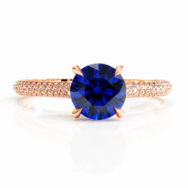 Round Cut Lab Grown Sapphire Hidden Halo Pave Engagement Ring - Image 2