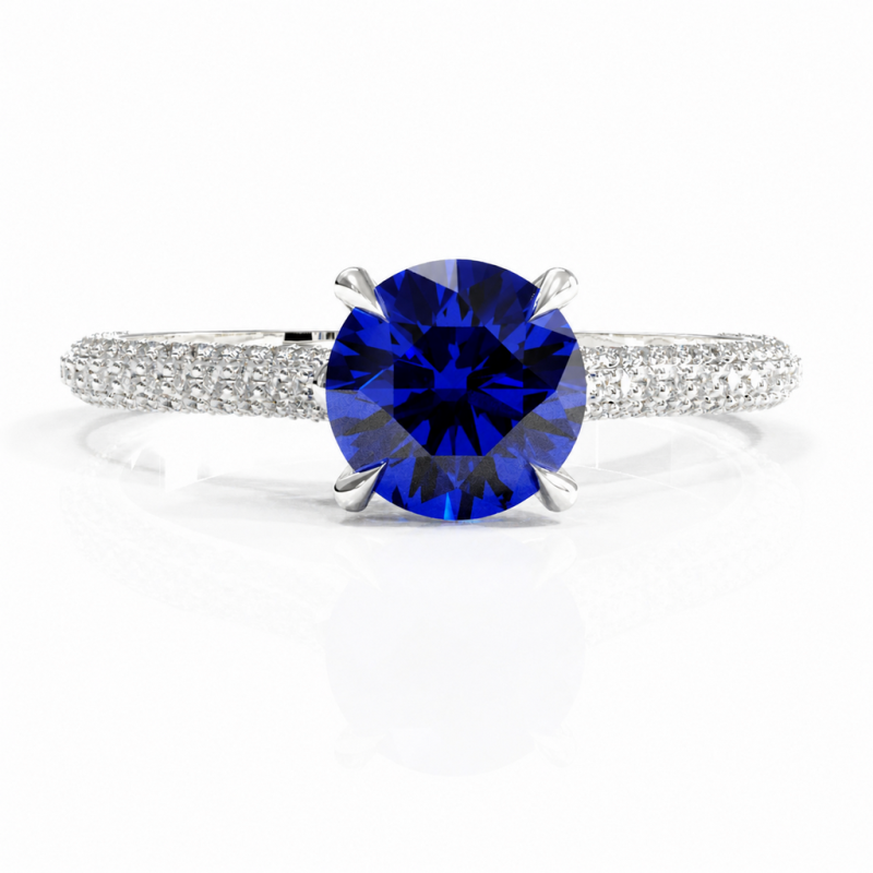 Round Cut Lab Grown Sapphire Hidden Halo Pave Engagement Ring - Image 3