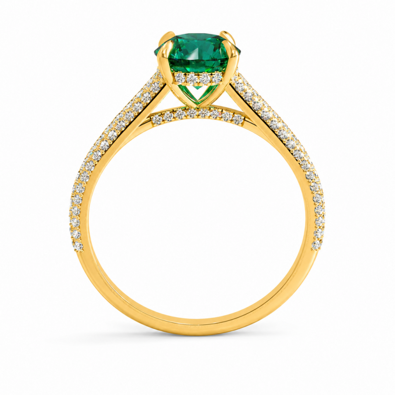 Round Cut Lab Grown Emerald Hidden Halo Pave Engagement Ring - Image 4