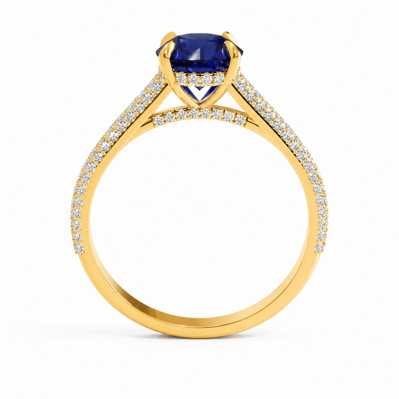 Round Cut Lab Grown Sapphire Hidden Halo Pave Engagement Ring - Image 4