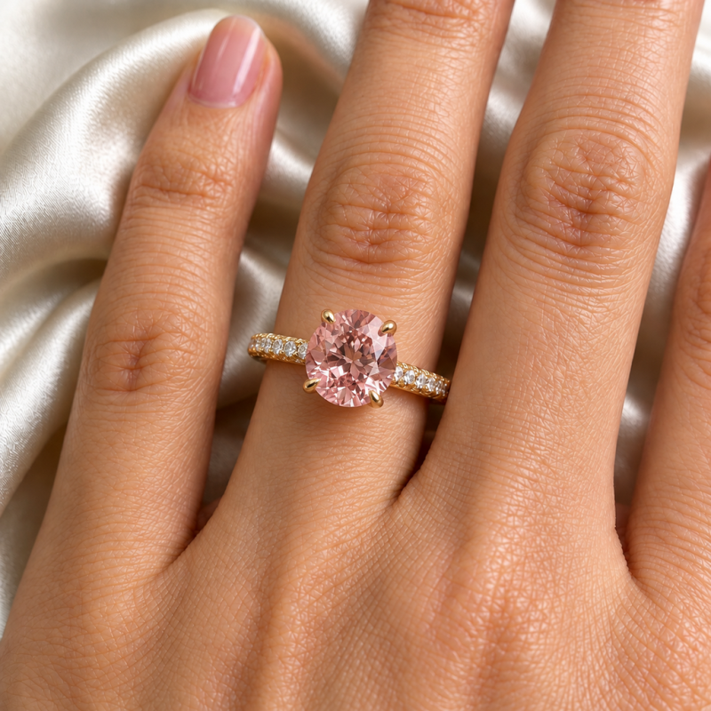 Round Cut Lab Grown Morganite Hidden Halo Pave Engagement Ring - Image 5