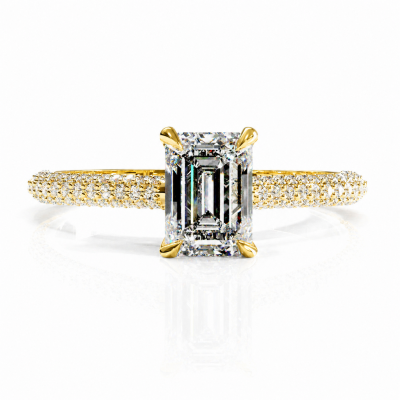 Emerald Cut Moissanite Hidden Halo Pave Engagement Ring