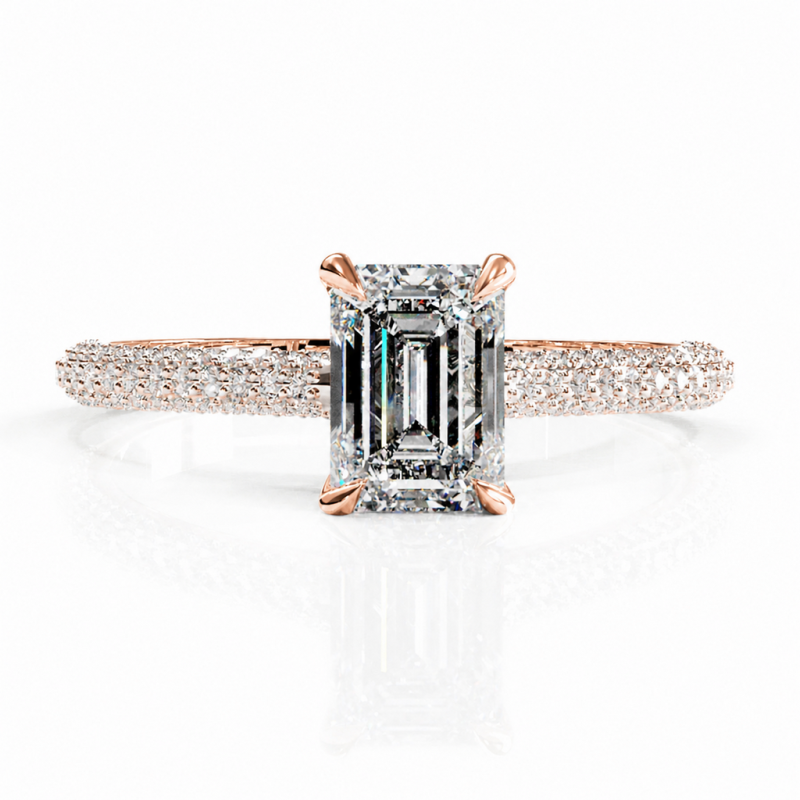 Emerald Cut Moissanite Hidden Halo Pave Engagement Ring - Image 2