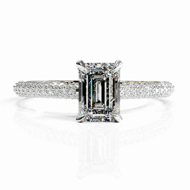 Emerald Cut Moissanite Hidden Halo Pave Engagement Ring - Image 3