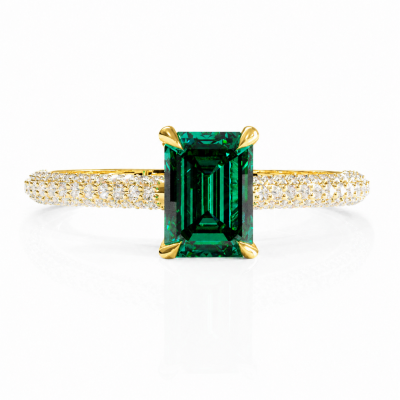 Emerald Cut Lab Grown Emerald Hidden Halo Pave Engagement Ring