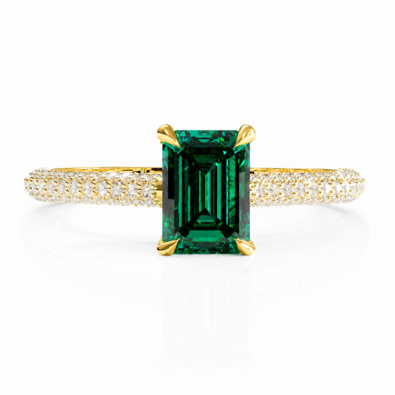 Emerald Cut Lab Grown Emerald Hidden Halo Pave Engagement Ring - Image 1