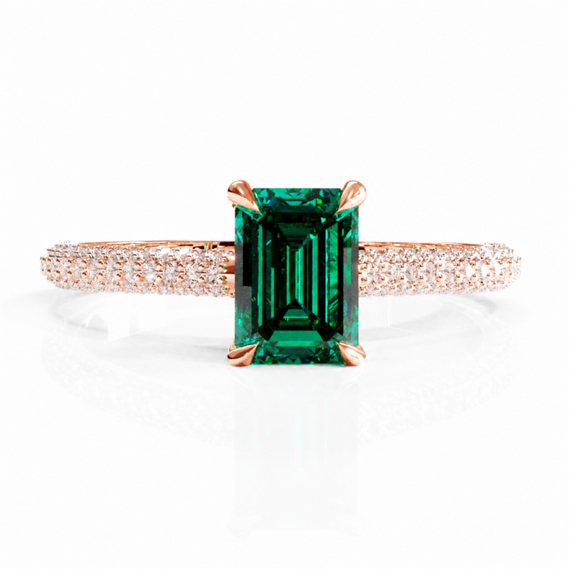 Emerald Cut Lab Grown Emerald Hidden Halo Pave Engagement Ring - Image 2