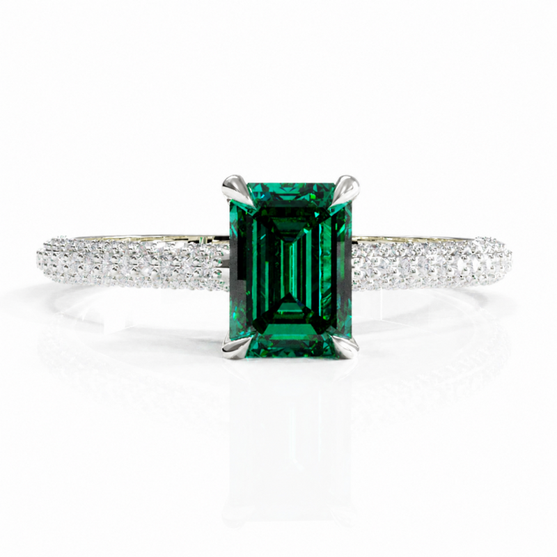 Emerald Cut Lab Grown Emerald Hidden Halo Pave Engagement Ring - Image 3
