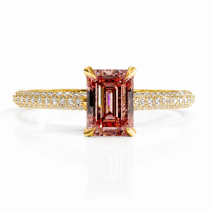 Emerald Cut Lab Grown Morganite Hidden Halo Pave Engagement Ring