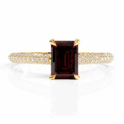 Emerald Cut Lab Grown Ruby Hidden Halo Pave Engagement Ring