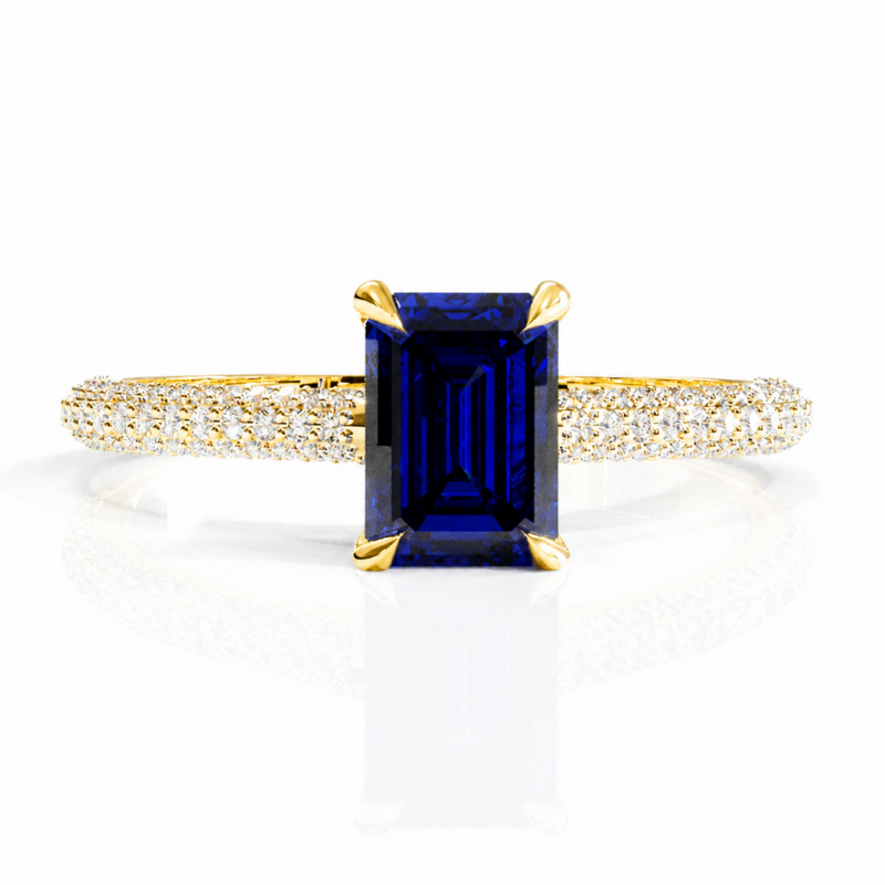 Emerald Cut Lab Grown Sapphire Hidden Halo Pave Engagement Ring - Image 1