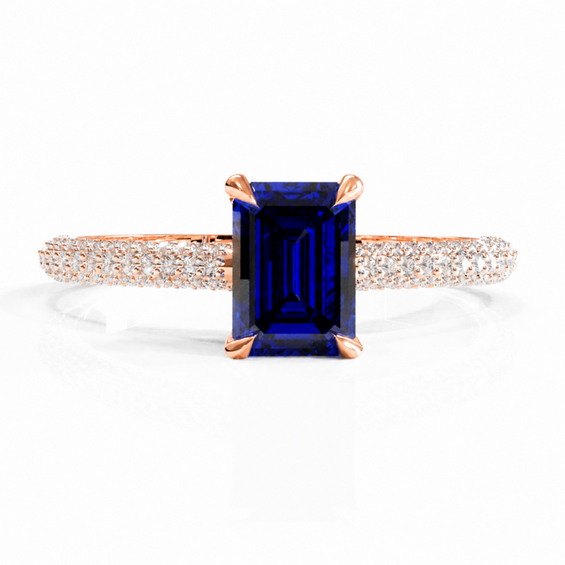 Emerald Cut Lab Grown Sapphire Hidden Halo Pave Engagement Ring - Image 2