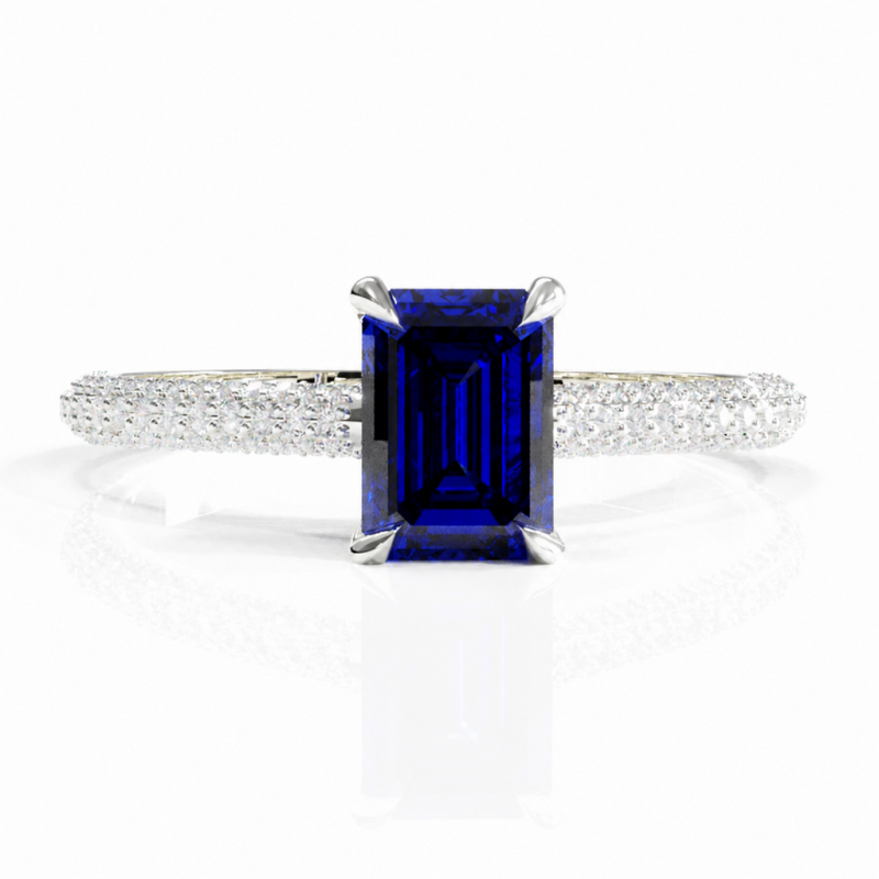Emerald Cut Lab Grown Sapphire Hidden Halo Pave Engagement Ring - Image 3