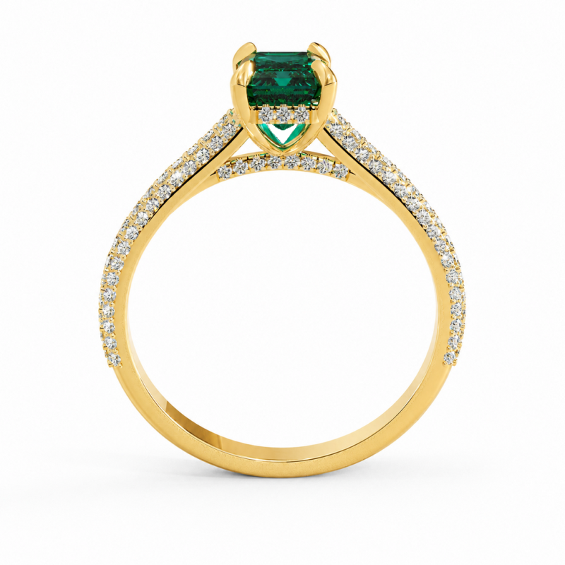 Emerald Cut Lab Grown Emerald Hidden Halo Pave Engagement Ring - Image 4