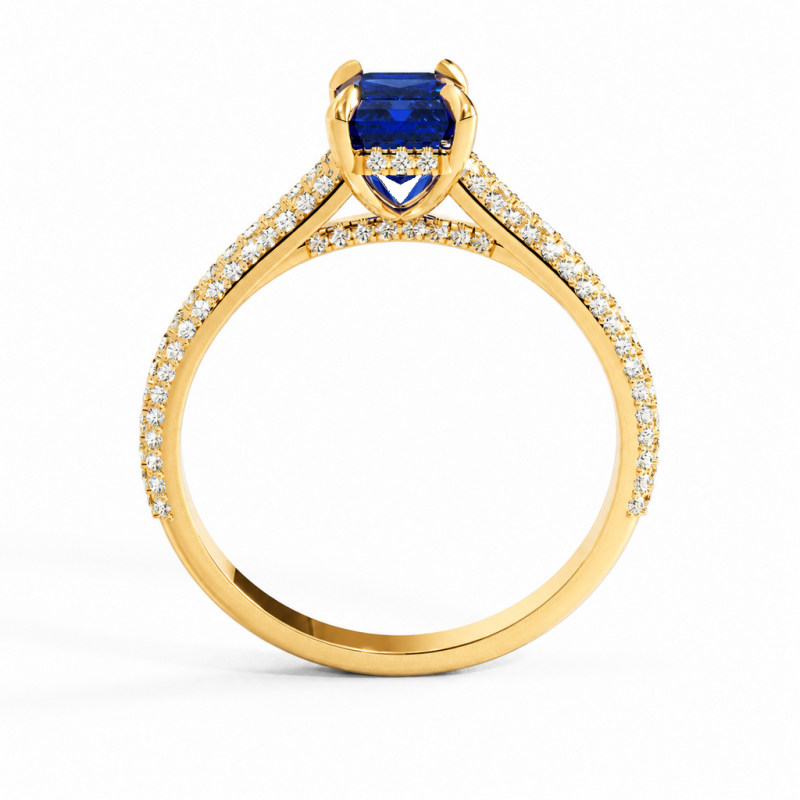 Emerald Cut Lab Grown Sapphire Hidden Halo Pave Engagement Ring - Image 4
