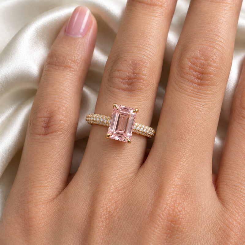 Emerald Cut Lab Grown Morganite Hidden Halo Pave Engagement Ring - Image 5